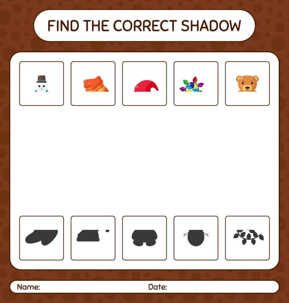 Find the correct shadows game with christmas icon. worksheet for preschool kids, kids activity sheet vector