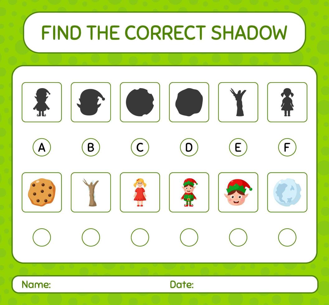 encuentra el juego de sombras correcto con el icono de navidad. hoja de trabajo para niños en edad preescolar, hoja de actividades para niños vector