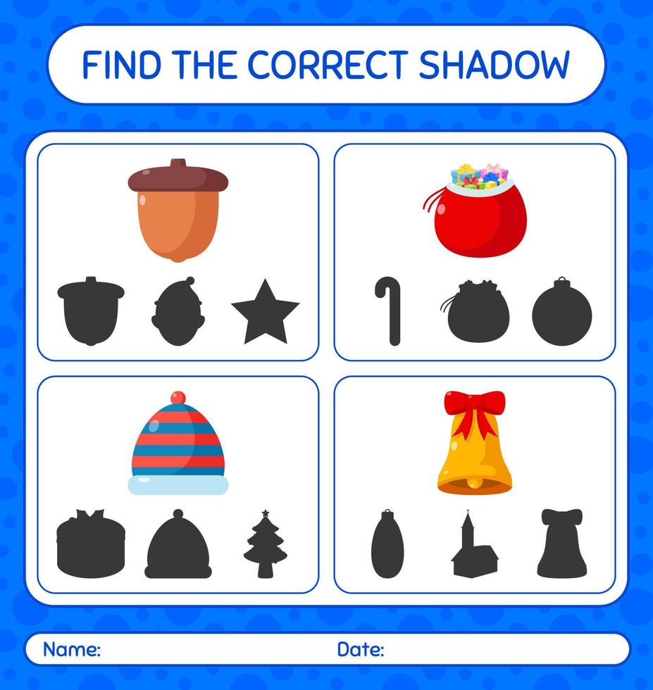 encuentra el juego de sombras correcto con el icono de navidad. hoja de trabajo para niños en edad preescolar, hoja de actividades para niños vector