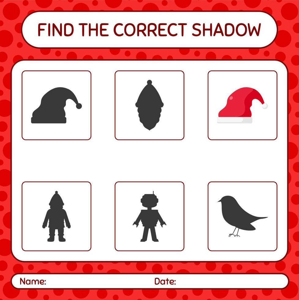 Find the correct shadows game with santa hat. worksheet for preschool kids, kids activity sheet vector