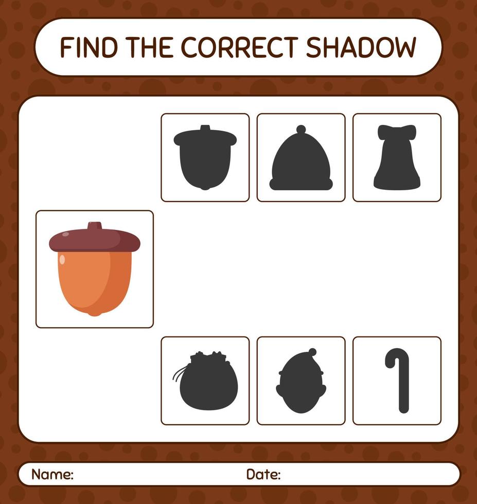 Find the correct shadows game with acorn. worksheet for preschool kids, kids activity sheet vector