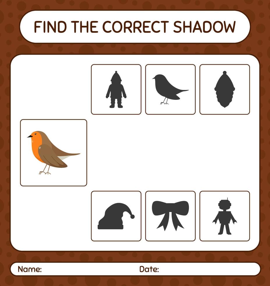 encuentra el juego de sombras correcto con robin bird. hoja de trabajo para niños en edad preescolar, hoja de actividades para niños vector