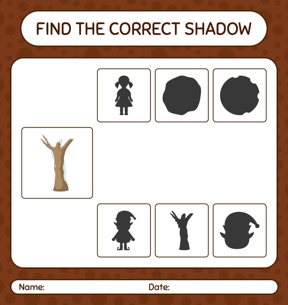 encuentra el juego de sombras correcto con el árbol muerto. hoja de trabajo para niños en edad preescolar, hoja de actividades para niños vector