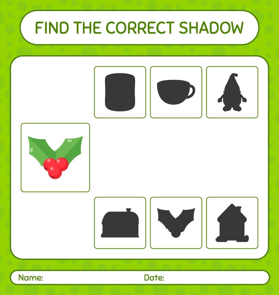 encuentra el juego de sombras correcto con holly berry. hoja de trabajo para niños en edad preescolar, hoja de actividades para niños vector