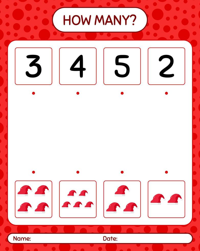 How many counting game with santa hat. worksheet for preschool kids, kids activity sheet vector