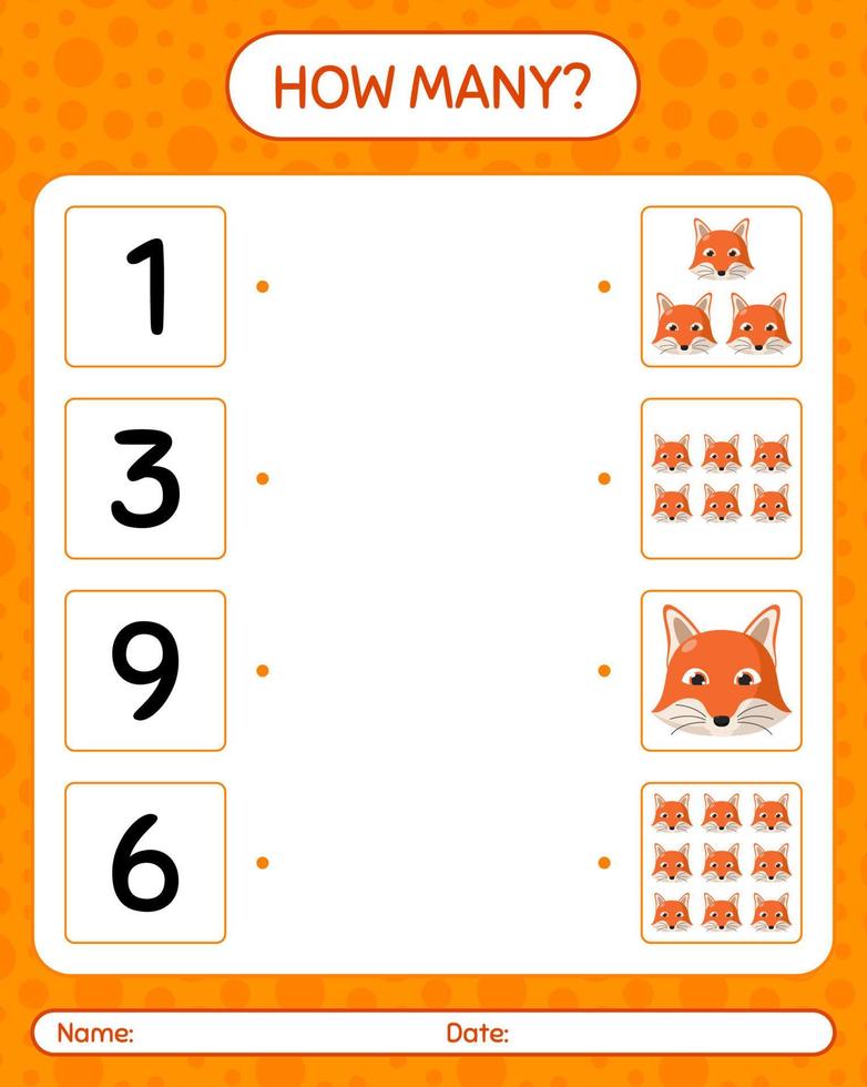 How many counting game with red fox. worksheet for preschool kids, kids activity sheet vector