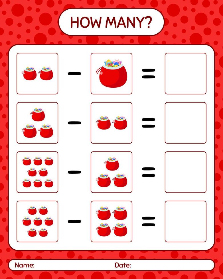 How many counting game with santa's bag. worksheet for preschool kids, kids activity sheet vector