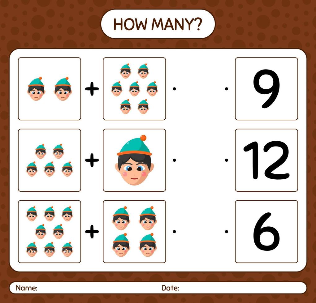 How many counting game with boys. worksheet for preschool kids, kids activity sheet vector