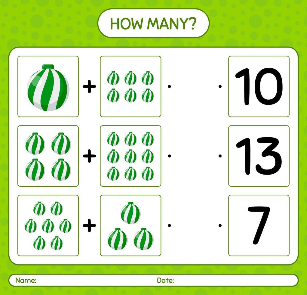 How many counting game with christmas ornament. worksheet for preschool kids, kids activity sheet vector
