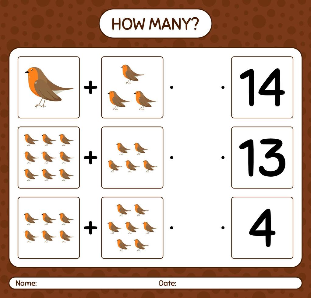 How many counting game with robin bird. worksheet for preschool kids, kids activity sheet vector