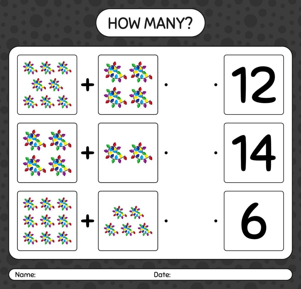 How many counting game with string light. worksheet for preschool kids, kids activity sheet vector