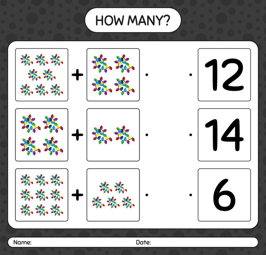 cuántos juegos de conteo con luz de cuerda. hoja de trabajo para niños en edad preescolar, hoja de actividades para niños vector