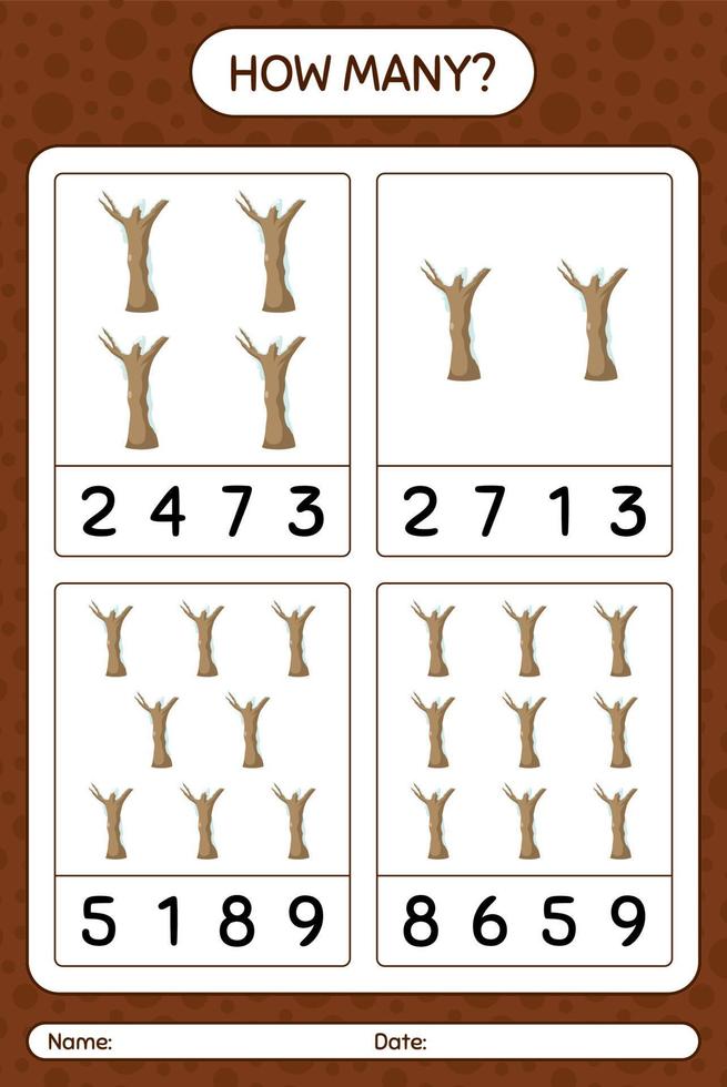 cuántos juegos de conteo con árbol muerto. hoja de trabajo para niños en edad preescolar, hoja de actividades para niños vector