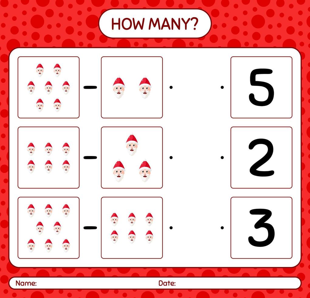 How many counting game with , santa claus. worksheet for preschool kids, kids activity sheet vector