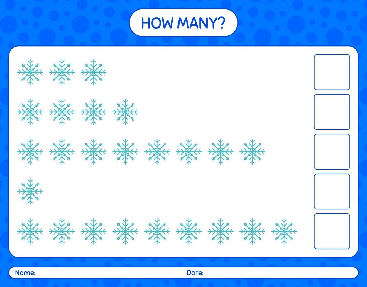 cuántos juegos de conteo con muñeco de nieve. hoja de trabajo para niños en edad preescolar, hoja de actividades para niños vector