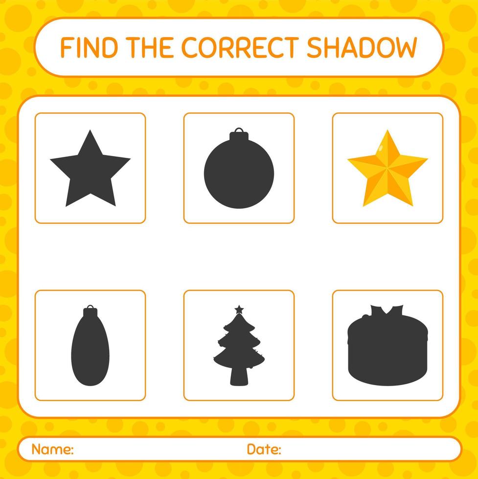 Find the correct shadows game with christmas ornament. worksheet for preschool kids, kids activity sheet vector