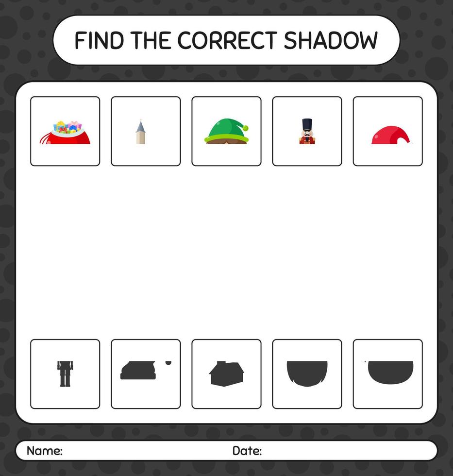 Find the correct shadows game with christmas icon. worksheet for preschool kids, kids activity sheet vector