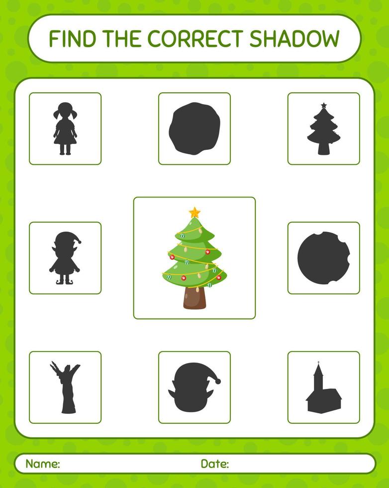 Find the correct shadows game with christmas tree. worksheet for preschool kids, kids activity sheet vector