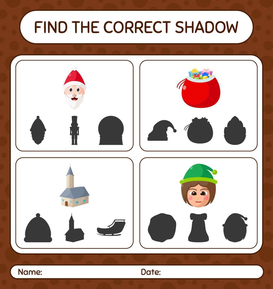 encuentra el juego de sombras correcto con el icono de navidad. hoja de trabajo para niños en edad preescolar, hoja de actividades para niños vector