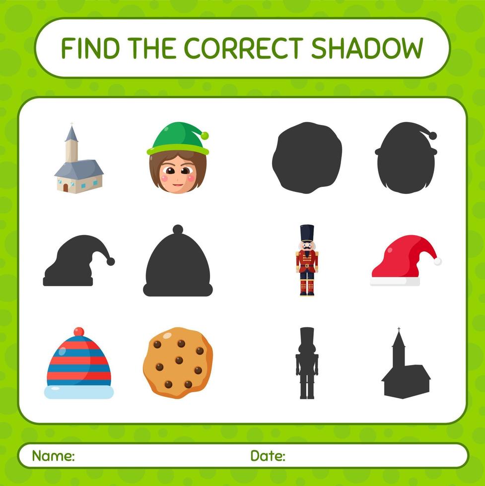 Find the correct shadows game with christmas icon. worksheet for preschool kids, kids activity sheet vector