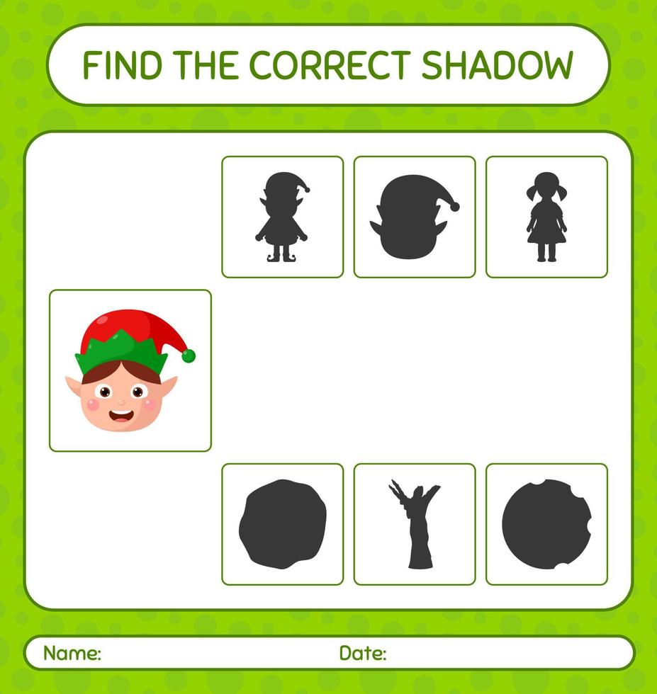 Find the correct shadows game with elf. worksheet for preschool kids, kids activity sheet vector