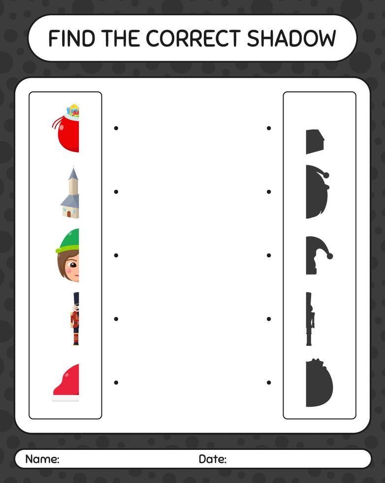 Find the correct shadows game with christmas icon. worksheet for preschool kids, kids activity sheet vector