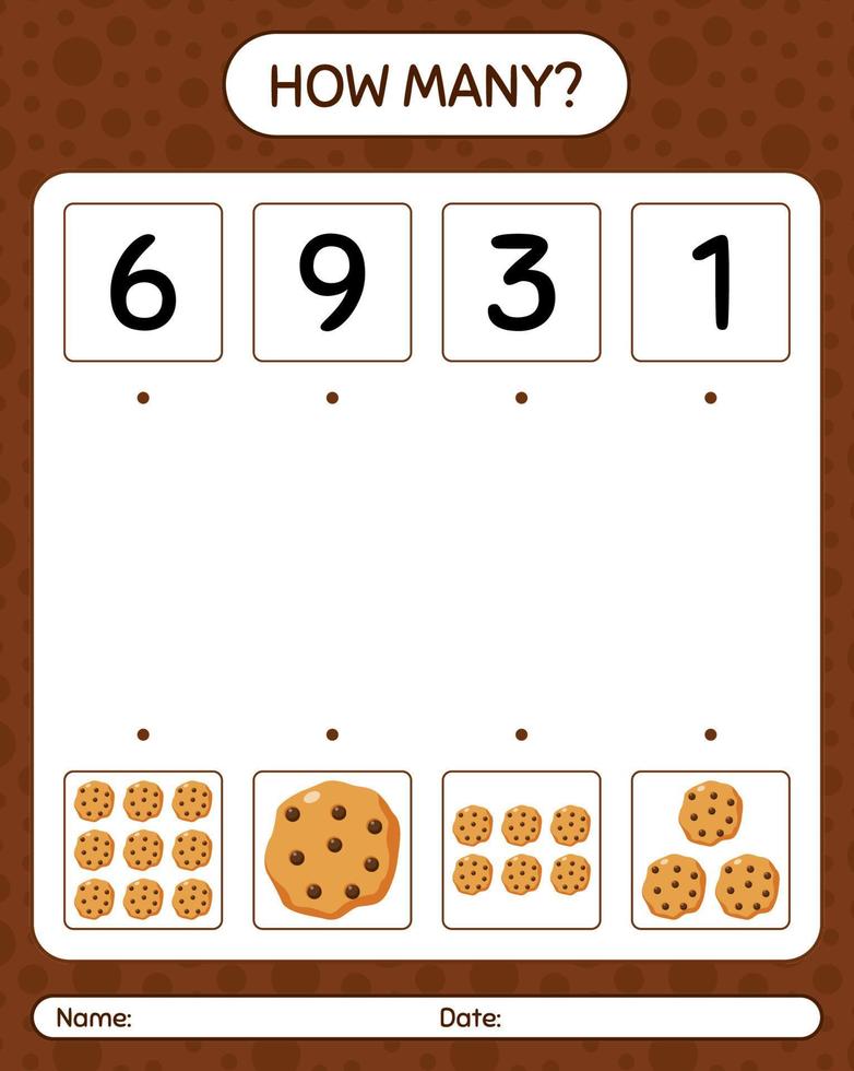 How many counting game with cookie. worksheet for preschool kids, kids activity sheet vector