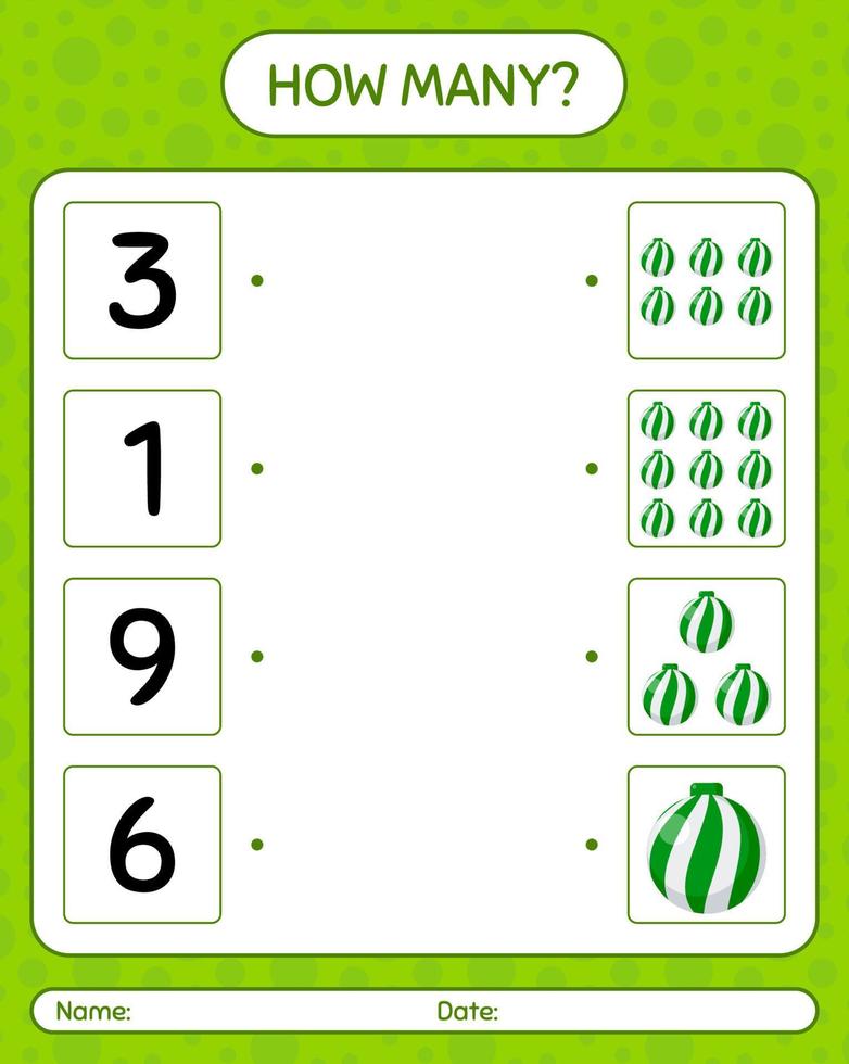 How many counting game with christmas ornament. worksheet for preschool kids, kids activity sheet vector