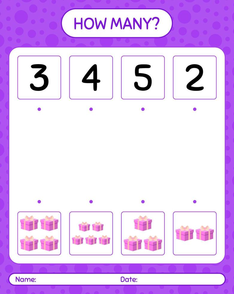 How many counting game with gift box. worksheet for preschool kids, kids activity sheet vector