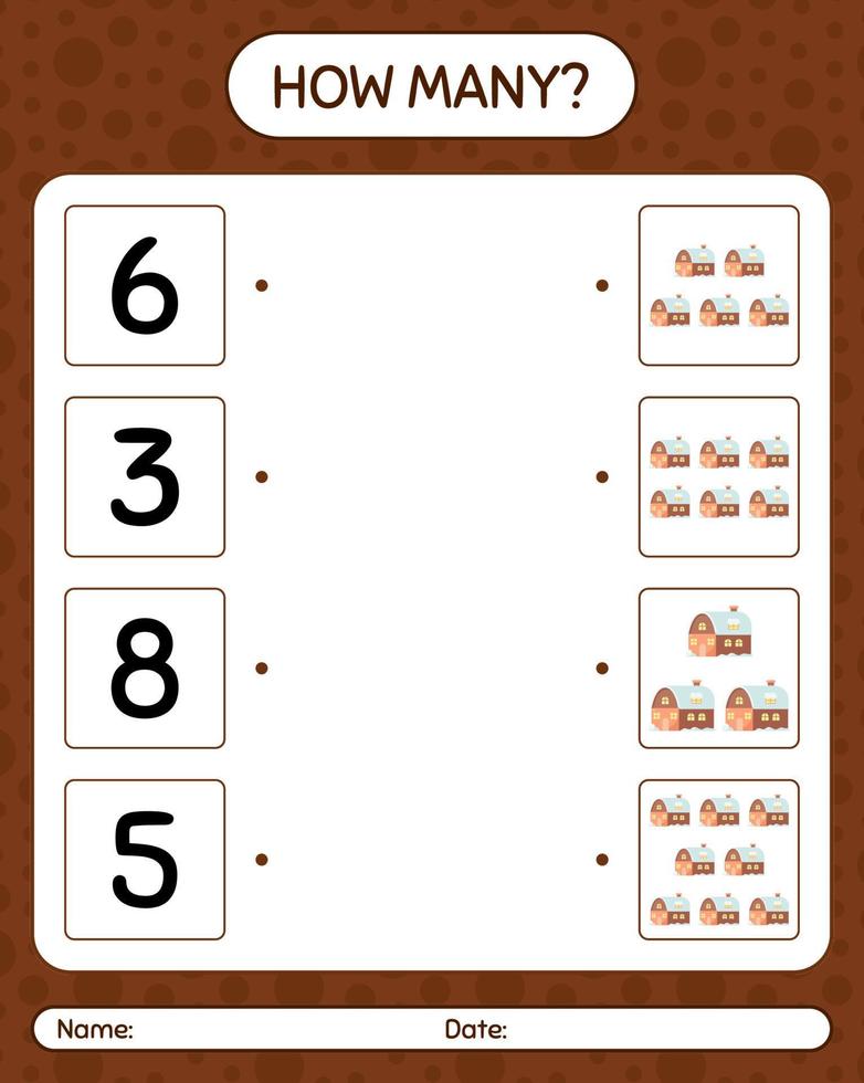 How many counting game with house. worksheet for preschool kids, kids activity sheet vector