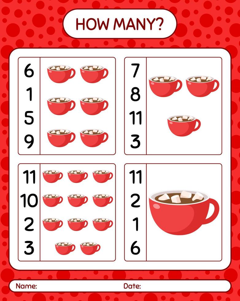 How many counting game with marshmallow on hot chocolate. worksheet for preschool kids, kids activity sheet vector