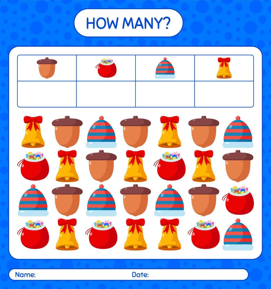 How many counting game with christmas icon. worksheet for preschool kids, kids activity sheet vector