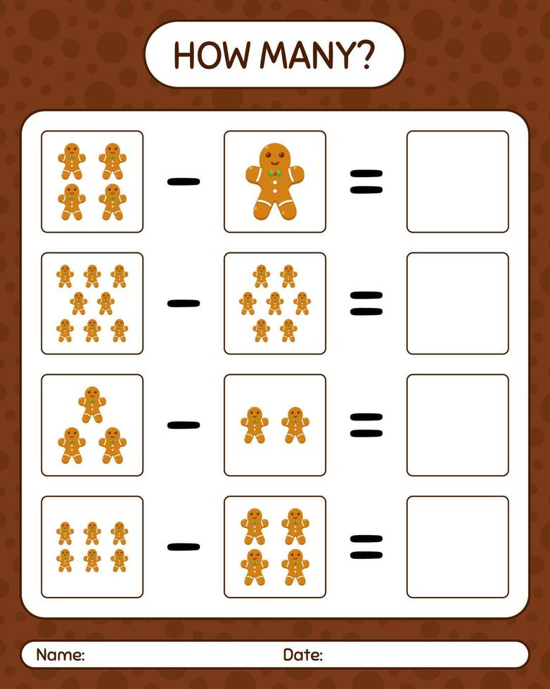 How many counting game with gingerbread cookie. worksheet for preschool kids, kids activity sheet vector