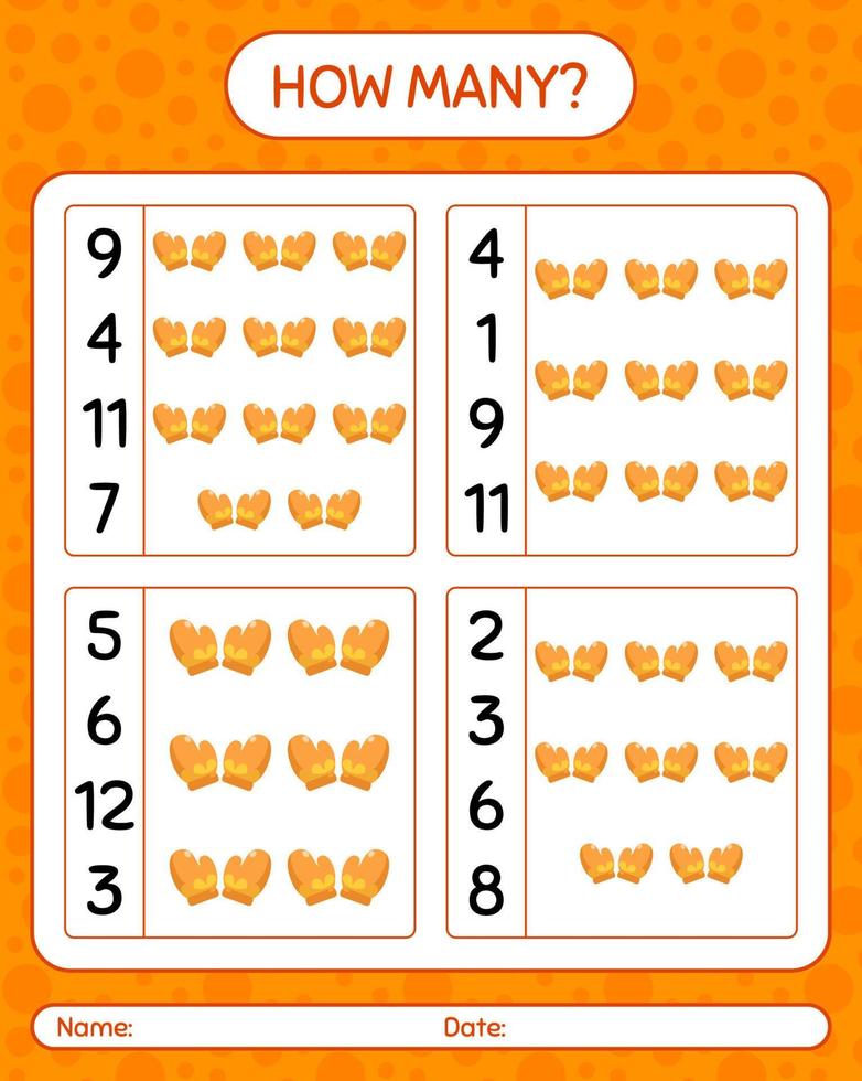 How many counting game with glove. worksheet for preschool kids, kids activity sheet vector