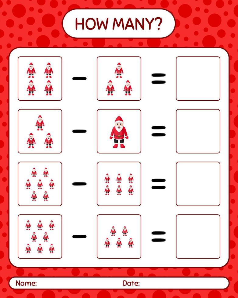 How many counting game with , santa claus. worksheet for preschool kids, kids activity sheet vector
