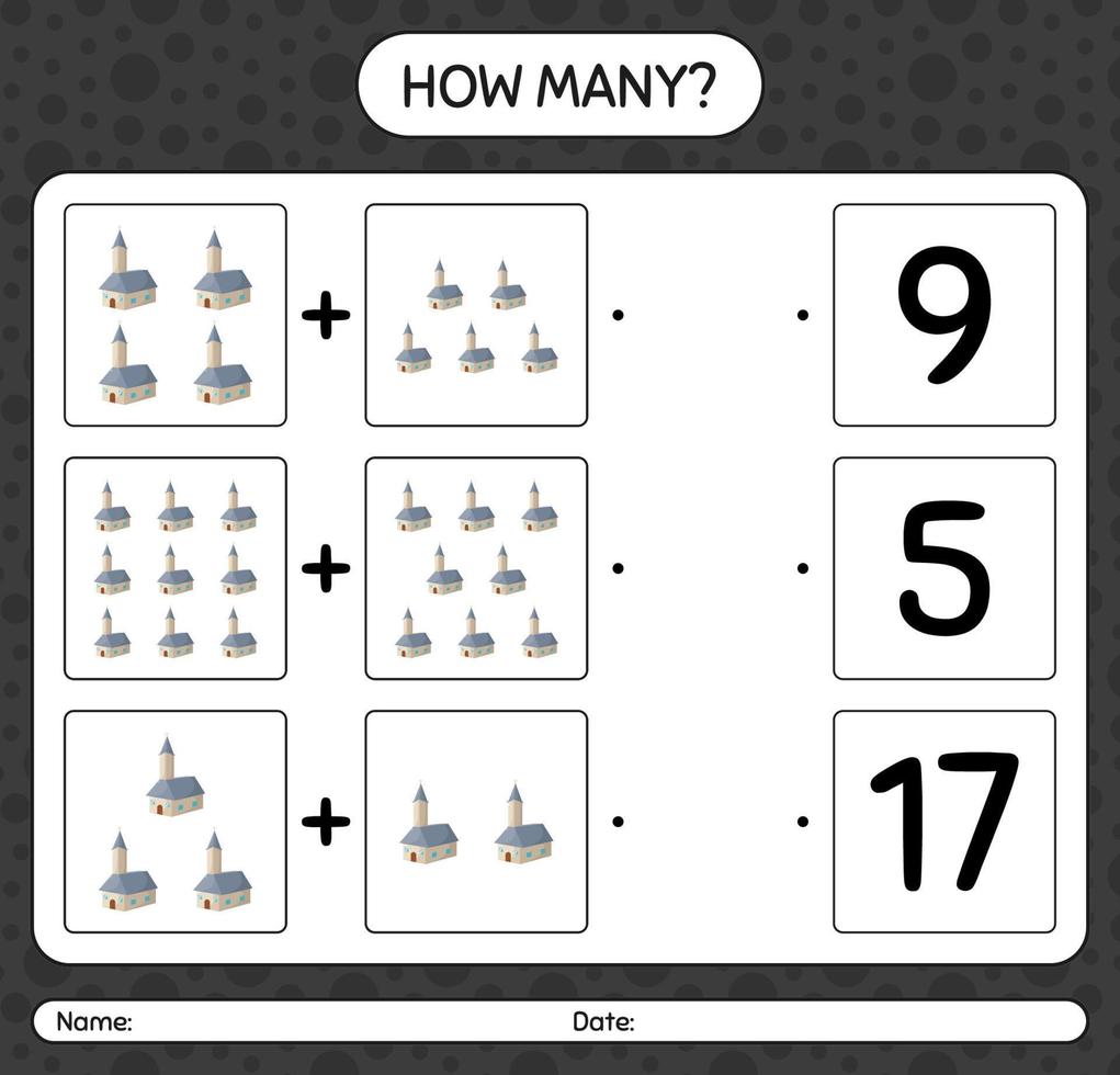 How many counting game with church. worksheet for preschool kids, kids activity sheet vector