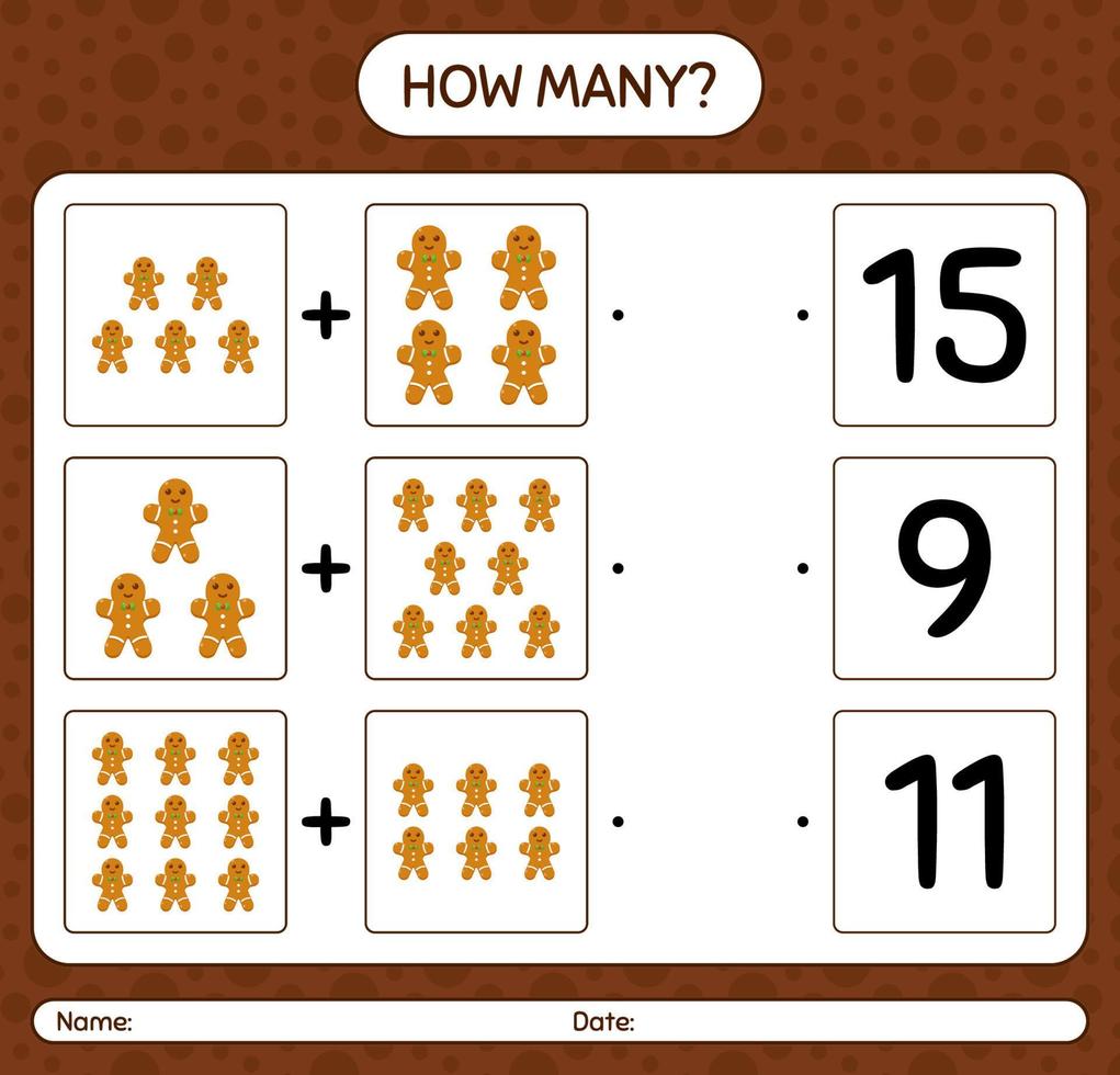 How many counting game with gingerbread cookie. worksheet for preschool kids, kids activity sheet vector