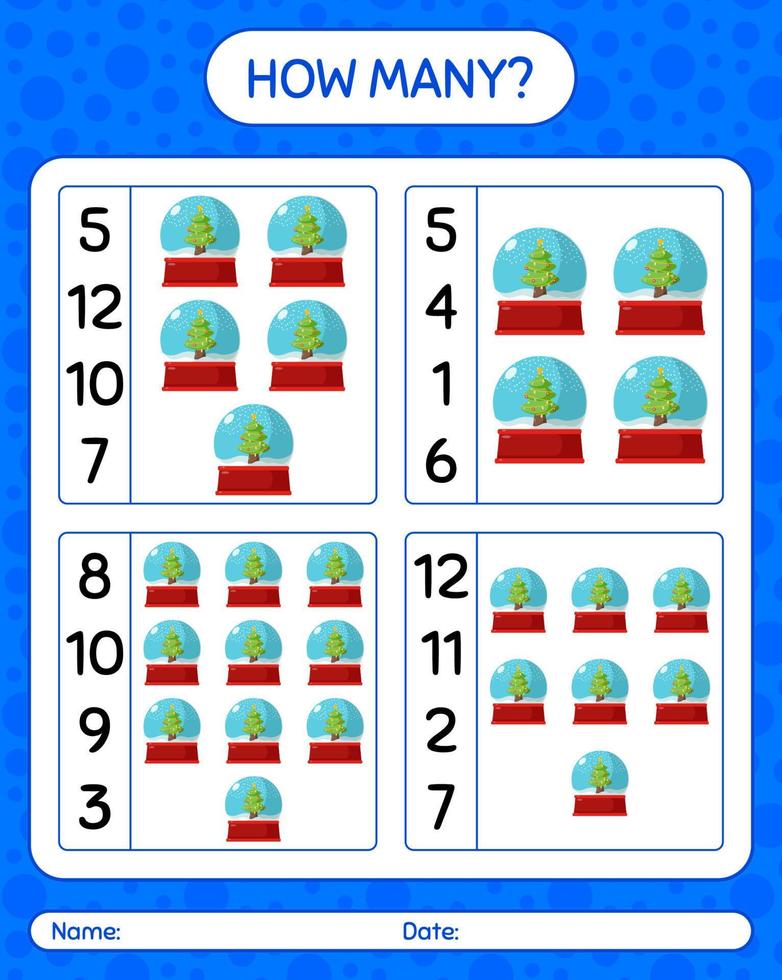 How many counting game with glass snow ball. worksheet for preschool kids, kids activity sheet vector