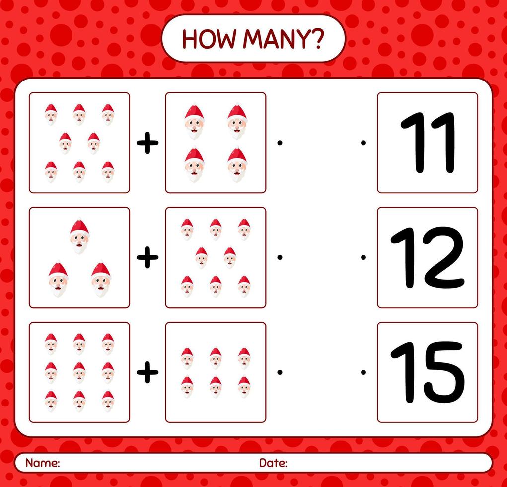 How many counting game with , santa claus. worksheet for preschool kids, kids activity sheet vector