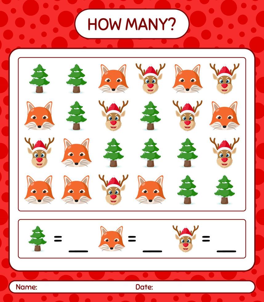 How many counting game with christmas icon. worksheet for preschool kids, kids activity sheet vector