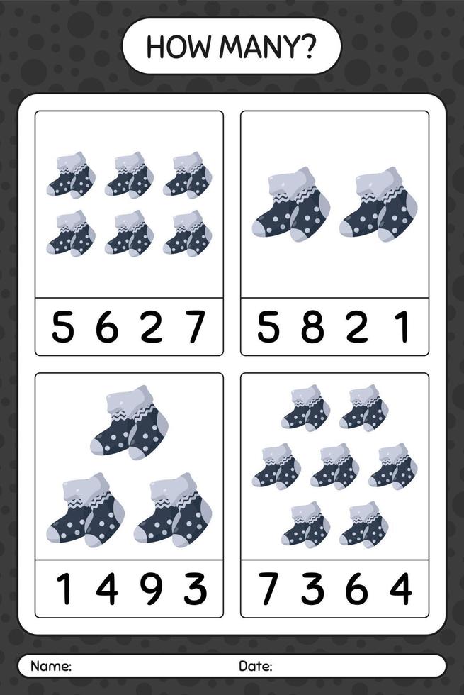 How many counting game with sock. worksheet for preschool kids, kids activity sheet vector