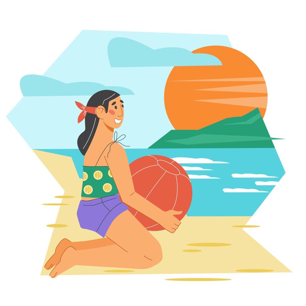 Woman with ball on the sea beach enjoys holiday and sport activity. Summer vacation and sea travel, flat vector illustration isolated on white background.