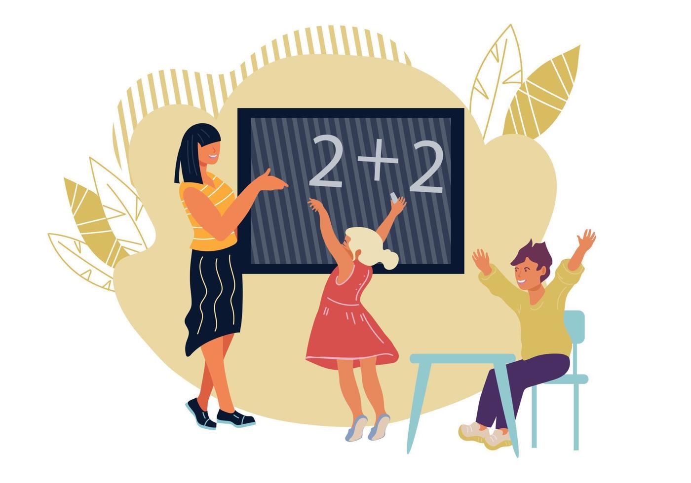 aula con personajes de dibujos animados de maestros y alumnos. lección escolar con pedagogo explicando matemáticas, aula con personajes de dibujos animados de maestros y alumnos. lección escolar con pedagogo explicando matemáticas,