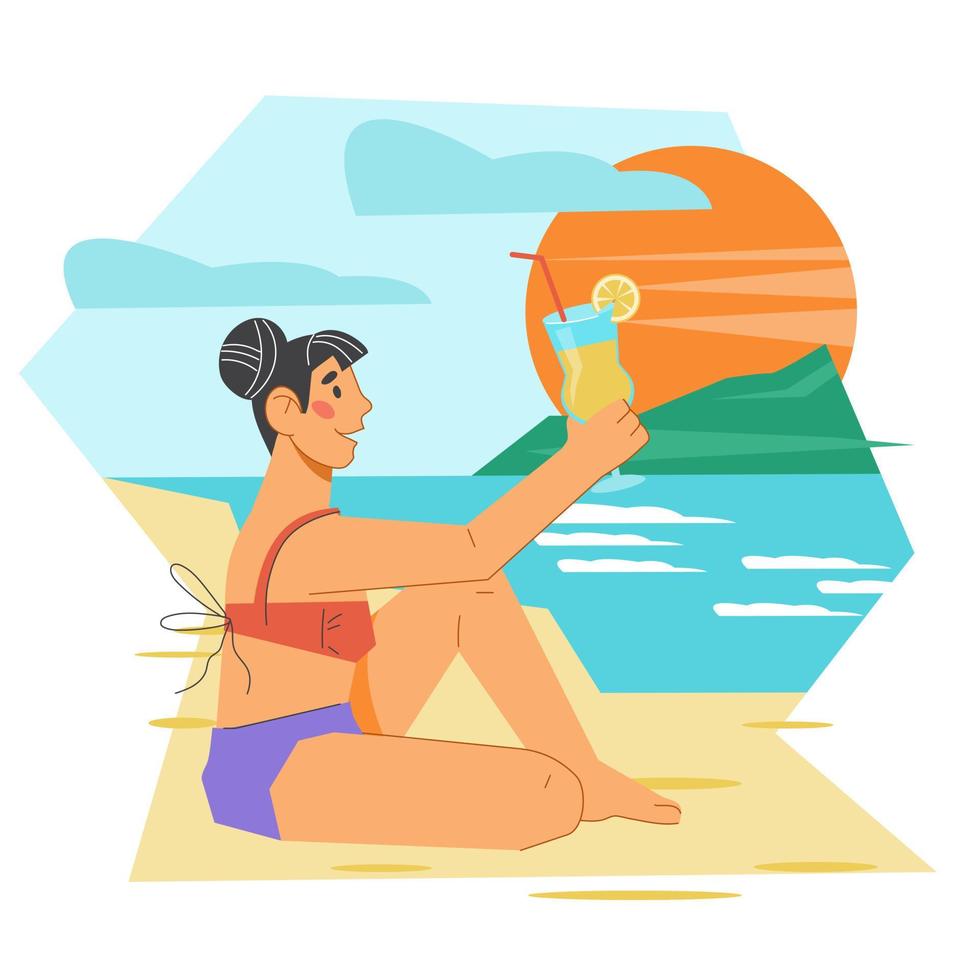Beautiful woman on sandy beach enjoys sea vacation and refreshes herself with drink. Summer vacation and sea travel, flat vector illustration isolated on white background.