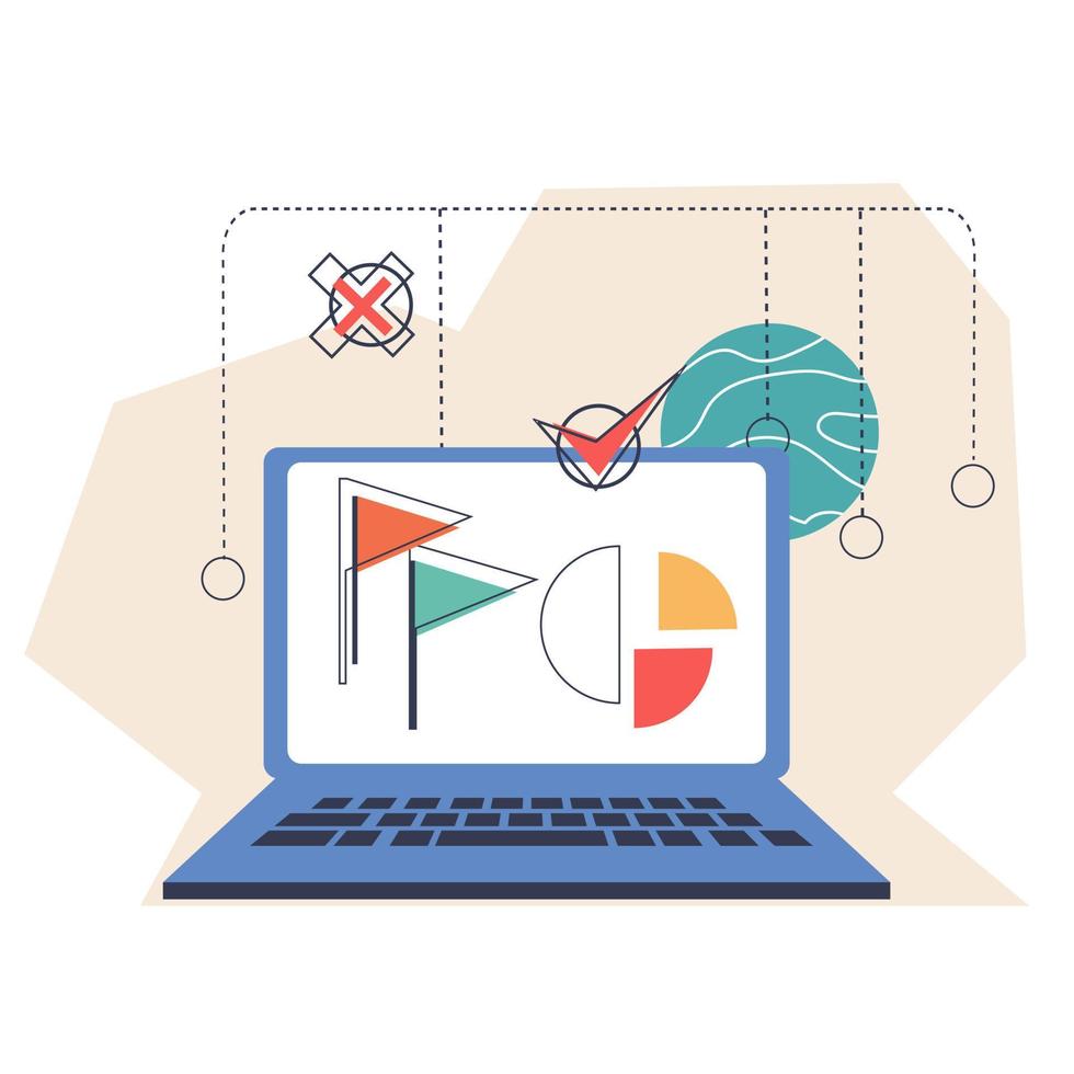 portátil con gráficos analíticos y gráficos de datos. emblema de contabilidad y estadísticas de análisis empresarial, ilustración vectorial plana aislada en fondo blanco. vector