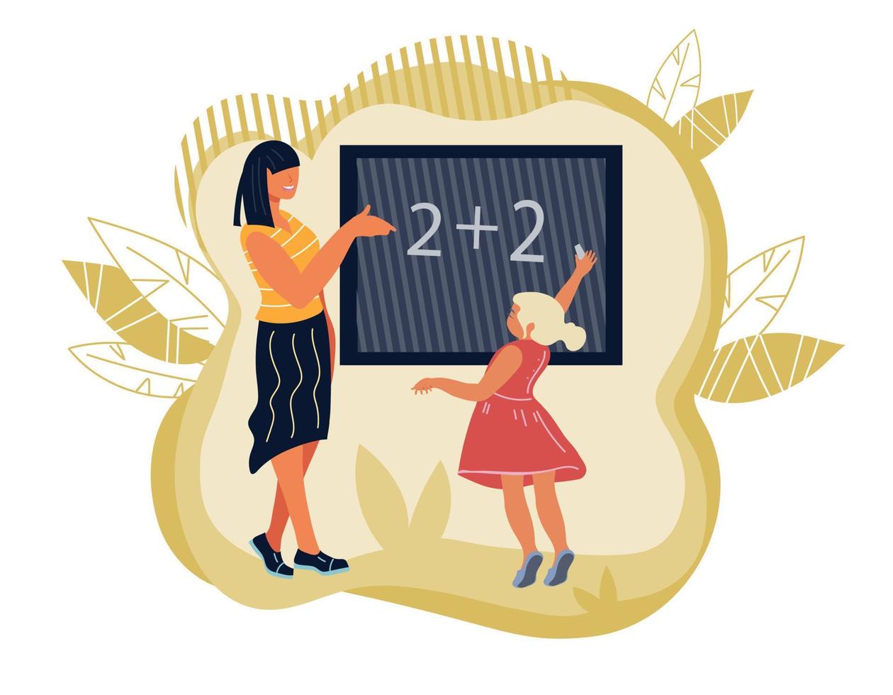 School lesson scene banner for teachers day. Teacher and school girl cartoon characters writing on blackboard. Education, schooling and children early development. Flat vector illustration isolated.