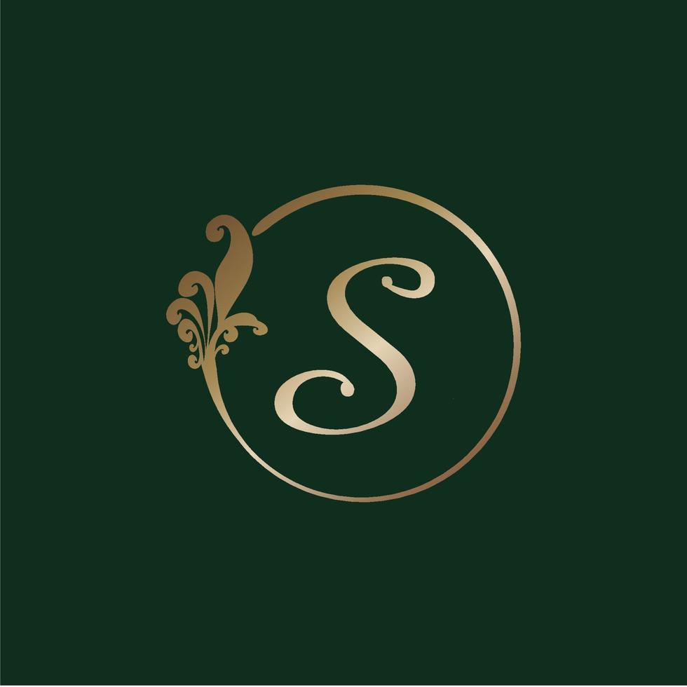 Letter S Decorative Alphabet Logo isolated on green Background. Luxury gold ring Initial Abjad Logo Design Template. Elegant Curl Floral Logo Concept. EPS 10 File Project vector