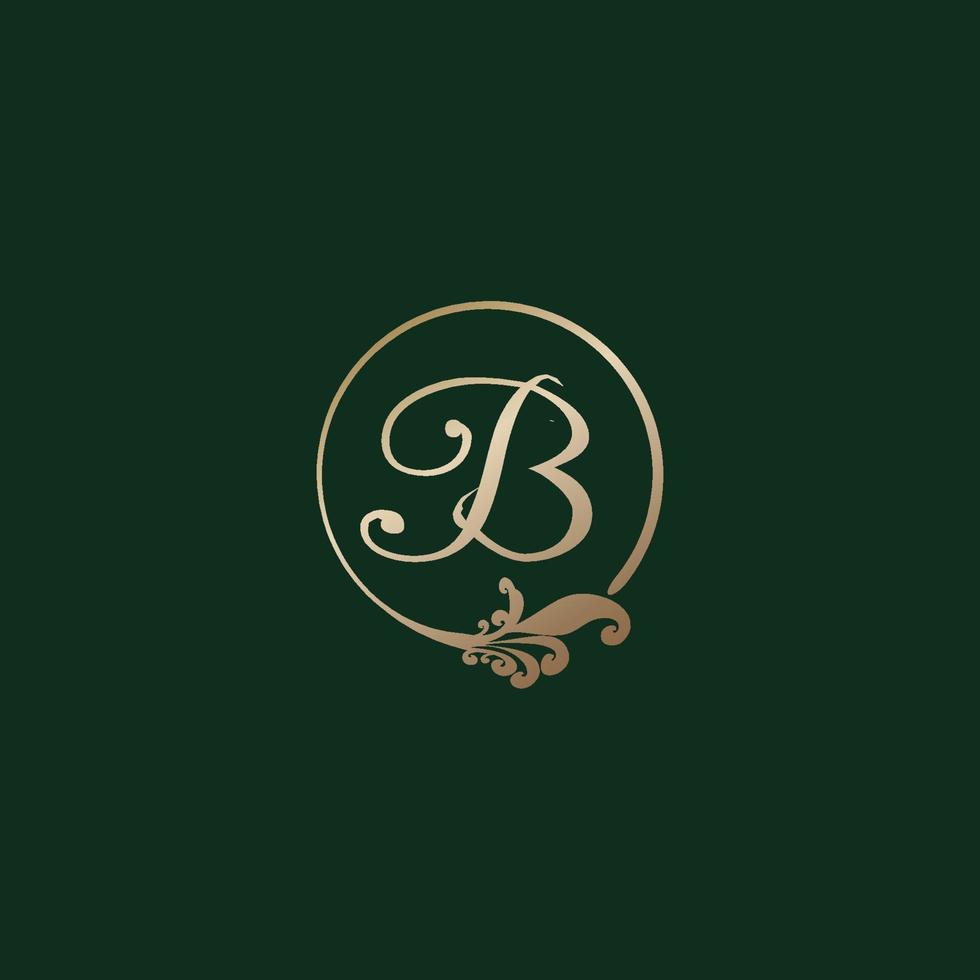 letra b logotipo del alfabeto decorativo aislado sobre fondo verde. plantilla de diseño de logotipo de abjad inicial de anillo de oro de lujo. elegante concepto de logotipo floral de rizo. proyecto de archivo eps 10 vector