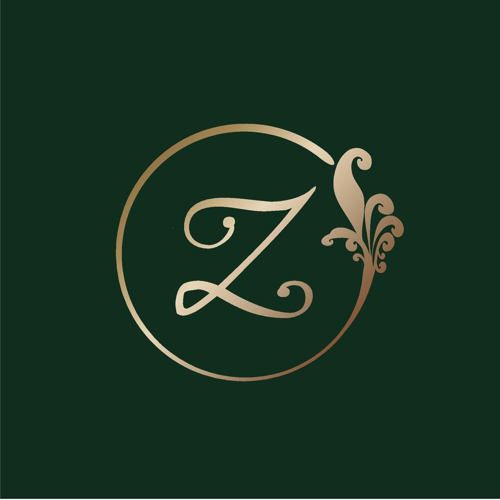 Letter Z Decorative Alphabet Logo isolated on green Background. Luxury gold ring Initial Abjad Logo Design Template. Elegant Curl Floral Logo Concept. EPS 10 File Project vector