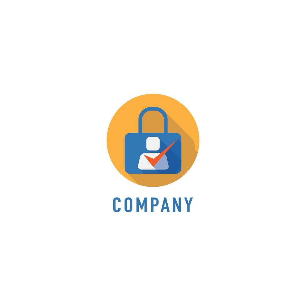 plantilla de diseño de logotipo de seguridad de datos personales, sombra larga de diseño plano, símbolo de candado, personas de lista de verificación, concepto de logotipo de seguridad digital, azul, fondo naranja, amarillo, rojo, blanco vector